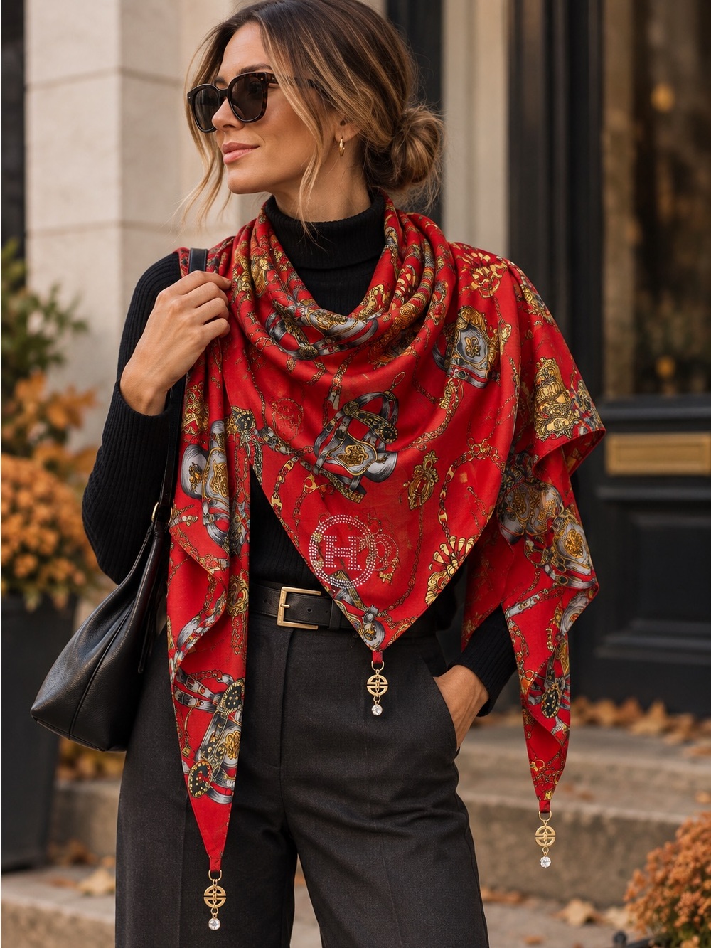 Red Equestrian Chain Print Embellished Scarf Wrap Shawl 64” x 29”